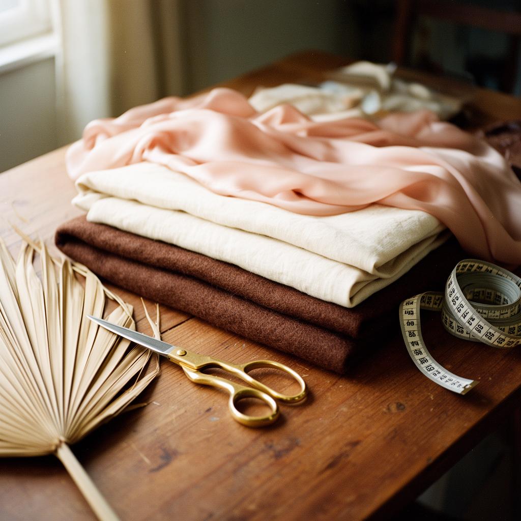 Atelier still life with silk, linen and brass scissors