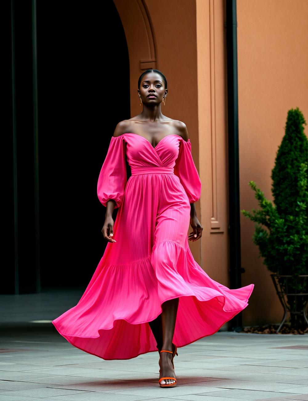 Model in flowing pink dress